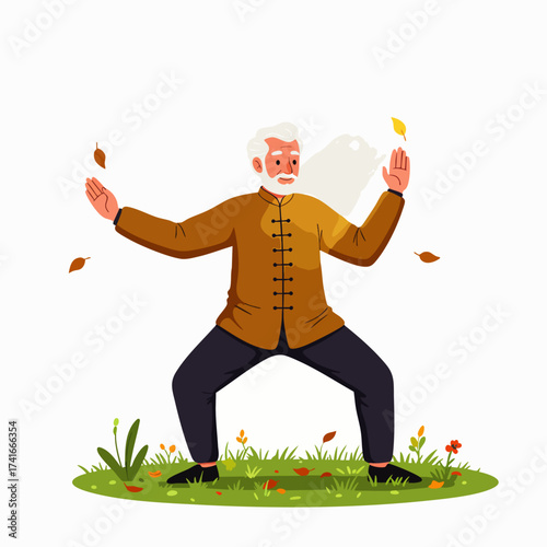 An elderly man practices Tai Chi outdoors, surrounded by falling leaves, embodying health and mindful exercise in nature's embrace during autumn.