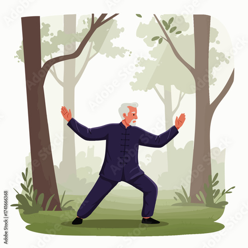 An older gentleman practices Tai Chi in a serene forest setting, promoting wellness and mindful exercise for a healthy lifestyle.
