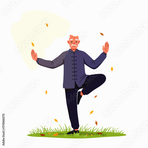 An elderly man practices Tai Chi outdoors, balancing on one leg while surrounded by falling autumn leaves in a serene setting.
