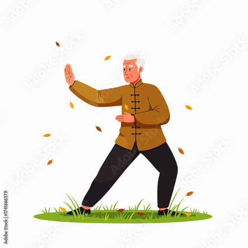 An elderly man practices Tai Chi outdoors, showcasing a graceful movement amidst falling autumn leaves, promoting wellness and tranquility.