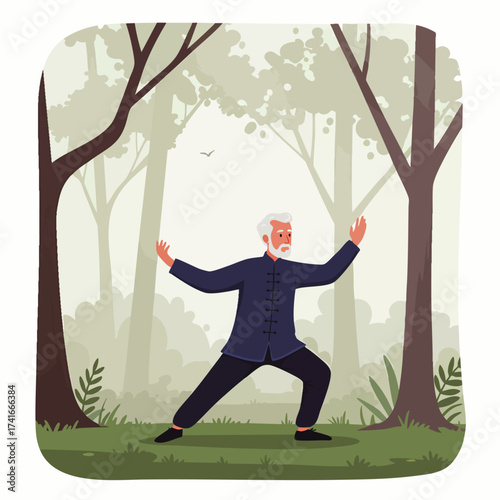 An elderly man practices Tai Chi in a serene forest, promoting health and wellness with gentle movements amidst nature's tranquility.