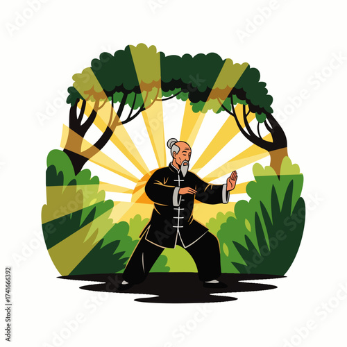 An elderly man practices Tai Chi, a traditional Chinese martial art, in a serene forest setting with sunlight shining through the trees.