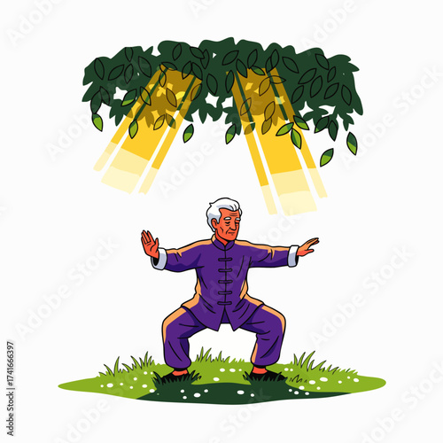 An elderly man practices Tai Chi outdoors, under the shade of a tree, promoting wellness and a healthy lifestyle in a serene environment.