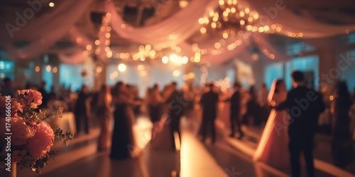 Elegant wedding reception party with dancing guests and romantic bokeh lighting creating a magical atmosphere