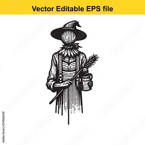 Vector art of scarecrow holding wheat and mug