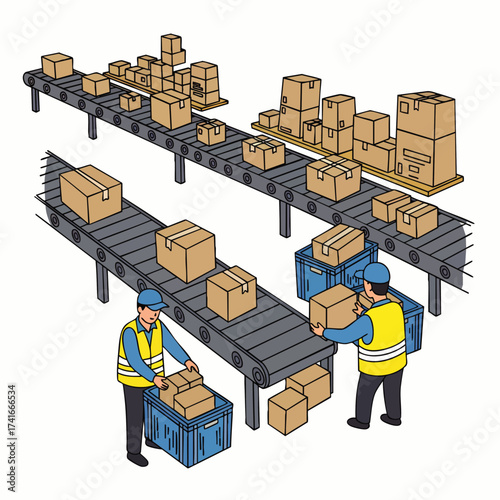 Workers manage packages on a conveyor belt system, efficiently sorting and organizing parcels in a warehouse setting, ensuring streamlined logistics.