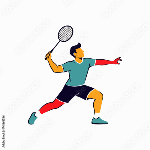 An illustration depicts a badminton player in action, poised to strike the shuttlecock with their racket during a competitive match.