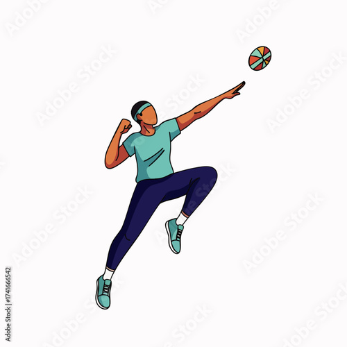 An illustration shows a person leaping to spike a volleyball during a game, emphasizing action and athleticism.