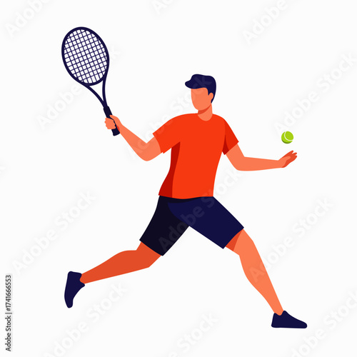 An illustration depicts a tennis player in action, swinging a racket to hit a tennis ball during a match on a white background.