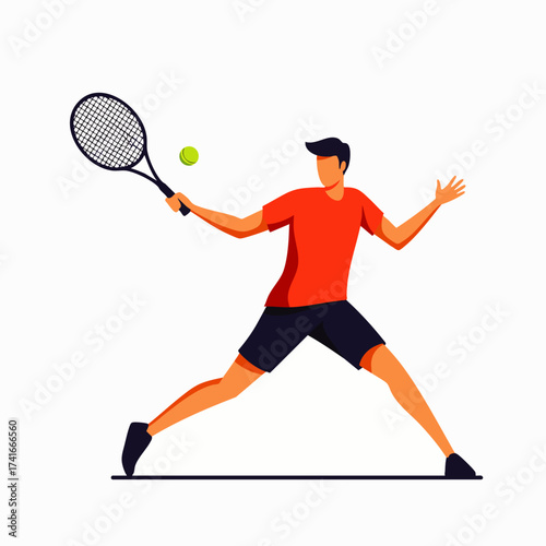 A dynamic illustration captures a tennis player in action, showcasing a powerful swing with a racket and a focused gaze on the ball.