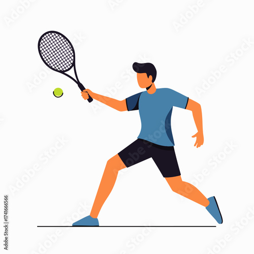 An illustration depicts a tennis player in action, swinging a racket to hit a tennis ball during a match on a clean white background.