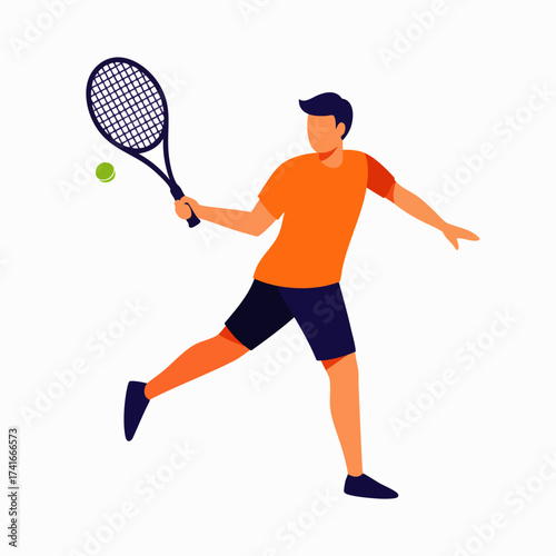 An illustrated tennis player in action, swinging a racket to hit a ball during a match on a white background, vector graphic.