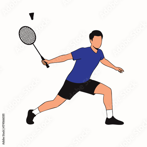An illustration depicts a badminton player in action, swinging a racket to hit the shuttlecock during a competitive match or training session.
