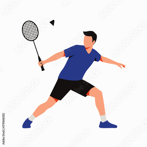 A vector illustration depicts a badminton player in action, swinging a racket to hit the shuttlecock during a competitive match.