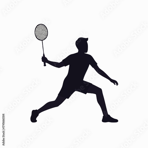 Silhouette of a badminton player in action, showcasing a dynamic pose during a competitive match against a white background for design use.