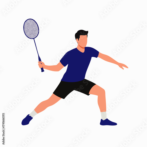 A vector illustration depicts a badminton player in action, poised to strike the shuttlecock during a competitive match on a white background.