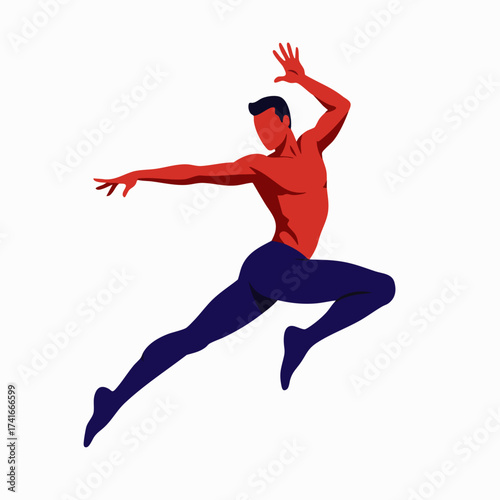 An illustration depicts a male ballet dancer in dynamic motion, showcasing graceful leaps and elegant poses with vibrant colors.