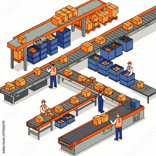 Isometric illustration of a modern automated factory production line with workers managing the packaging and sorting of cardboard boxes.