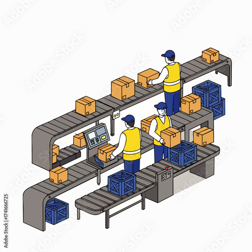 An isometric illustration depicts workers managing packages on a conveyor belt within a warehouse setting, showcasing logistics.