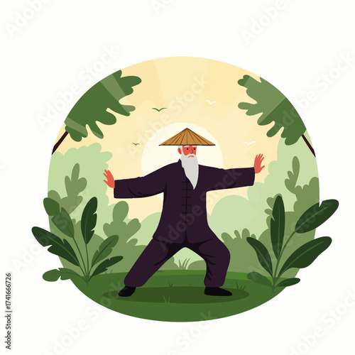An elderly man practices Tai Chi in a serene outdoor setting, surrounded by lush greenery, promoting wellness and traditional Chinese practices.