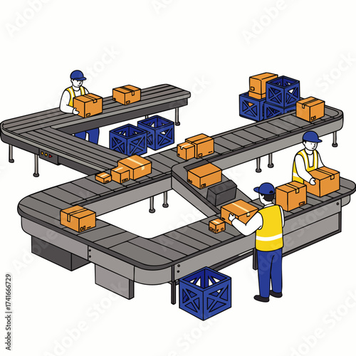Workers manage packages on a conveyor belt system, efficiently sorting and transporting goods in a modern warehouse setting.