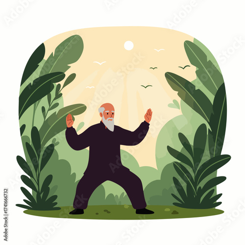An elderly man practices Tai Chi in a lush, vibrant garden, embracing the tranquility and harmony of nature with graceful movements.