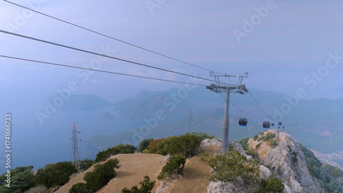 Timelapse: cable car cabins speeding above mountain slopes at Mount Babadag in Mugla, Turkey. Aerial rope transit, gondola lift - time lapse, motion blur