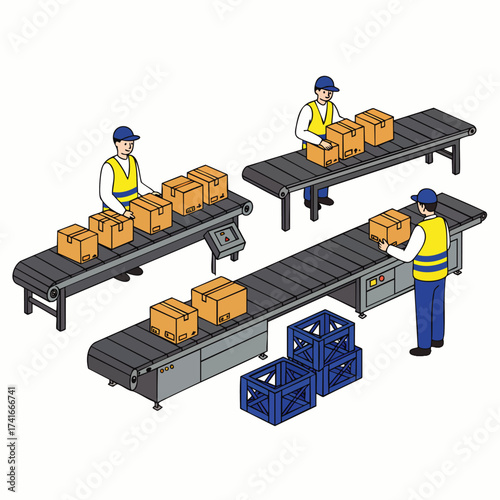 Workers in a warehouse setting, efficiently managing packages on a conveyor belt system, ensuring smooth logistics and distribution.