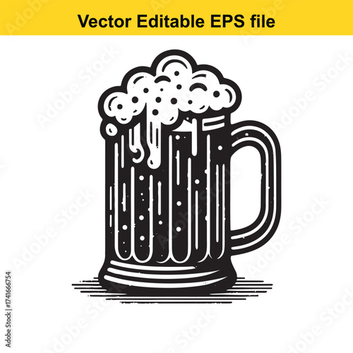 Vector art of stylized black and white illustration of a frothy beer mug