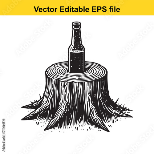 Vector art of black and white illustration of a beer bottle on a tree stump
