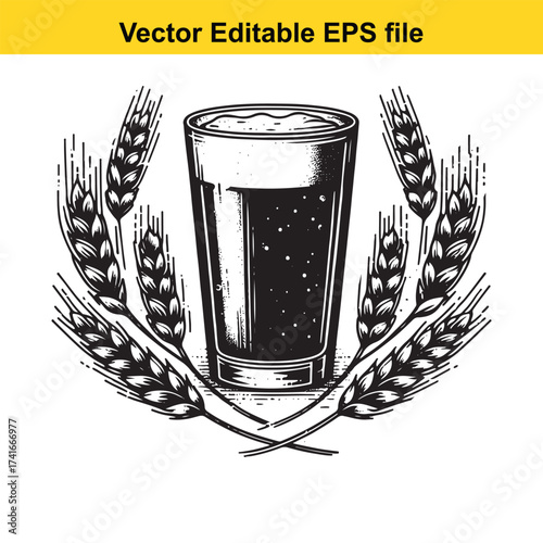 Vector art of glass of beer with wheat ears