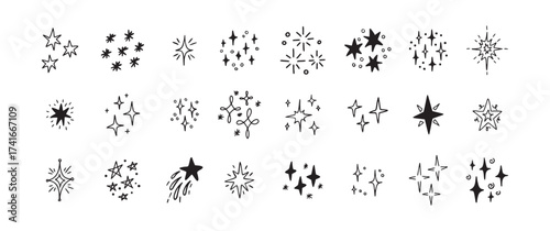 Star Shine Sparkle Hand Drawn Doodle set. Glitter Icon