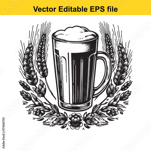 Vector art of mug of beer with wheat and hops
