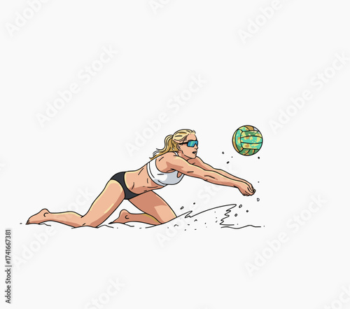 Woman takes a difficult ball in a game of beach volleyball
