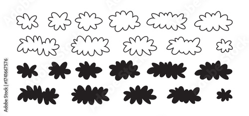 Cartoon cloud icon set, fluffy shape. Flat vector hand drawn doodle clouds isolated on white background.