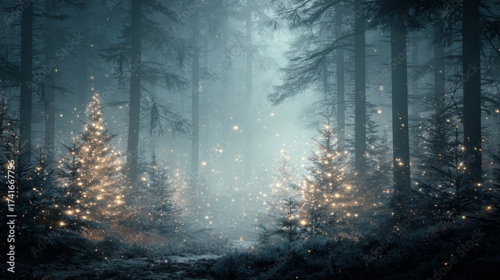 Fototapeta premium Enchanted wilderness illuminated by holiday glow. Modern style.