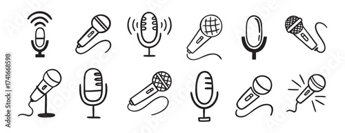 microphone icon doodle hand drawn set. Outline drawing microphone line clipart symbol collection