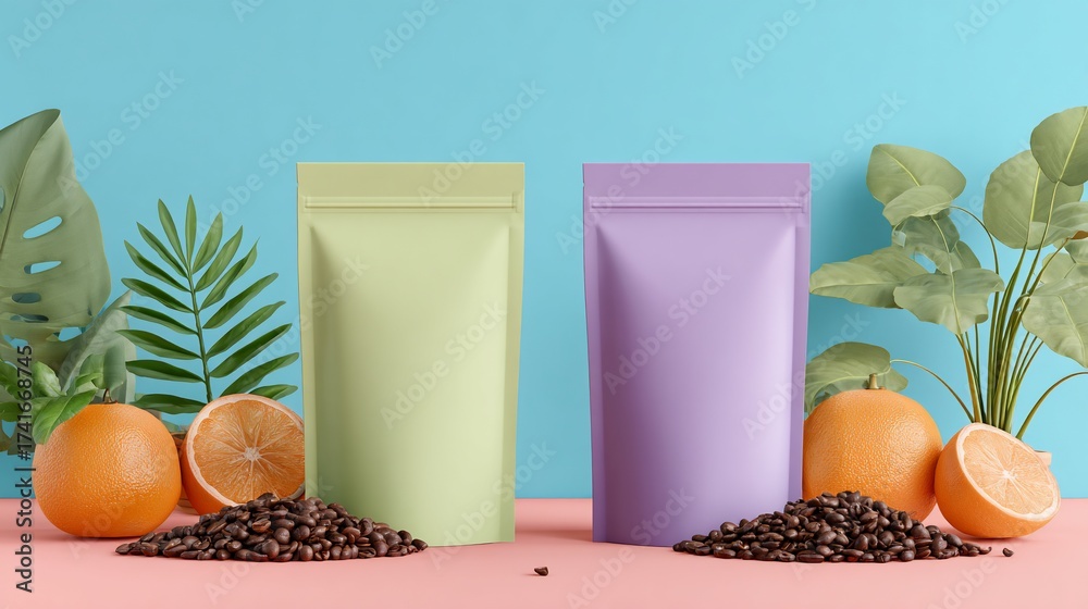 Fototapeta premium Two colorful pouches with oranges, beans, and leafy plants on bright ground