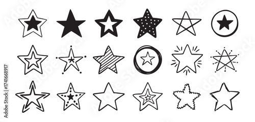 Hand drawn doodle stars set. different drawing stars isolated on white background.