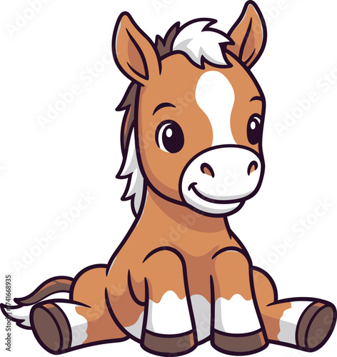 Adorable cartoon baby horse sitting and smiling, perfect for children's stories and equestrian themes