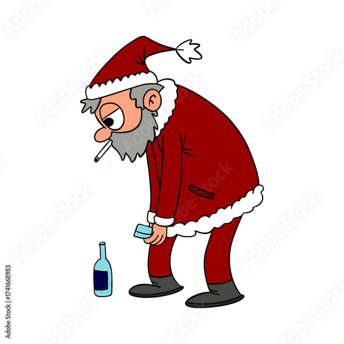 Sad bad and tired Santa Claus after the busy holiday season, drinking and smoking 