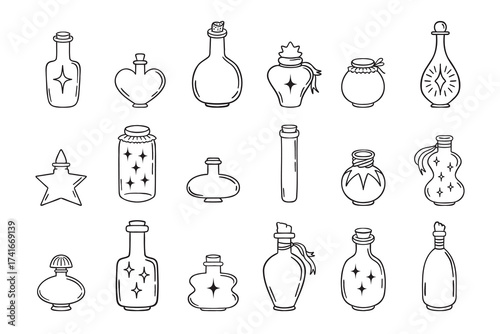 Magic flasks, bottles and jars doodle hand drawn icon set. Outline drawing line clipart symbol collection