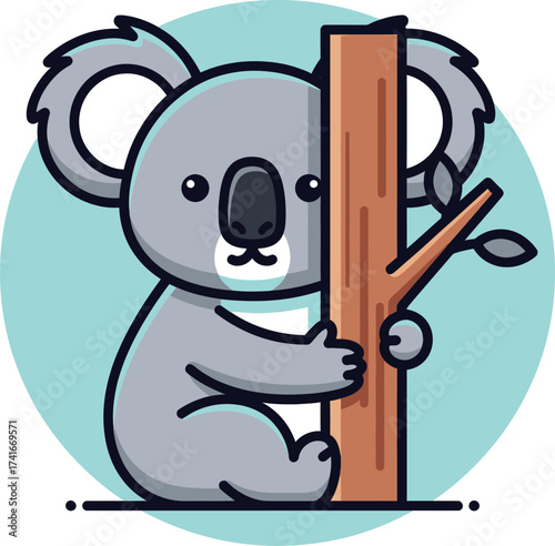 Adorable cartoon koala hugging tree trunk, cute animal illustration for kids and nature lovers