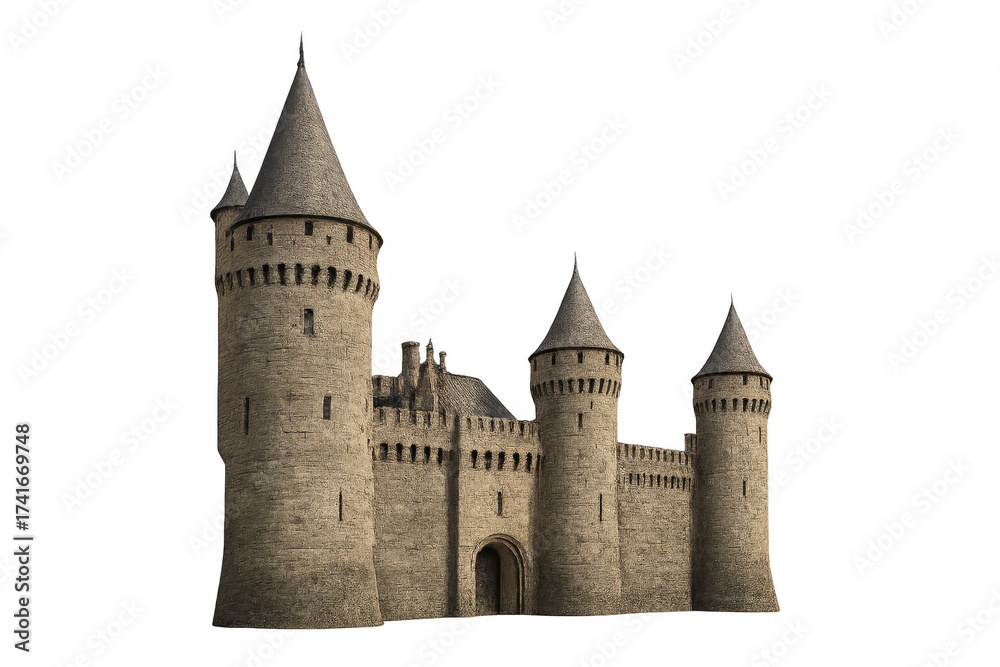 Fototapeta premium Medieval stone castle with turrets and wall on transparent background