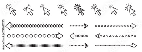 Doodle click icon and hand drawn arrows set. Doodle line mouse cursor.
