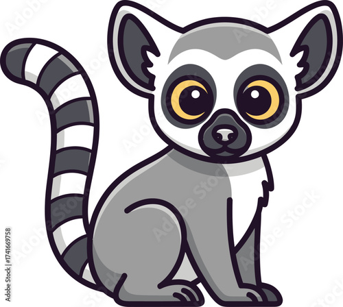 Adorable cartoon ring tailed lemur with large eyes and striped tail, perfect for kids' designs.
