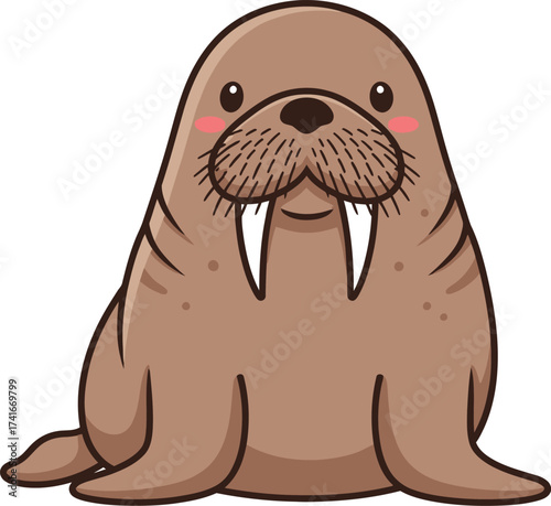 Adorable cartoon walrus with tusks and rosy cheeks, perfect for children's books and arctic themes