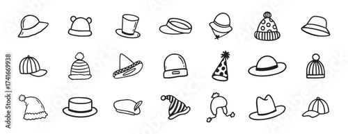 hat doodle hand drawn icon set. Outline drawing hats line clipart symbol collection