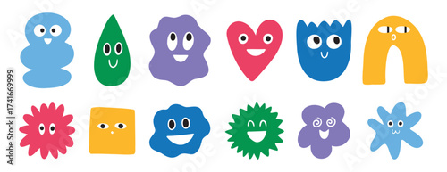 colorful abstract funny characters shape cartoon doodle set. Trendy retro 90s style art collection with faces drawing.