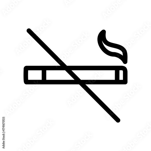 No smoking icon in outline style. Black and white warning sign with cigarette and prohibition symbol. Ideal for posters, stickers, education, public spaces, and print projects.